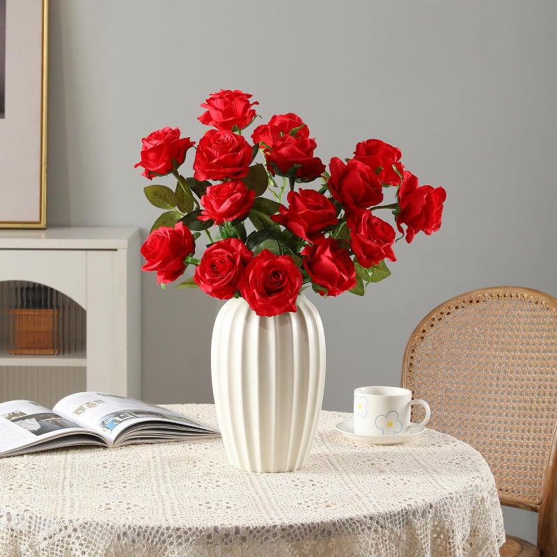 Tifuly 12 Pcs Red Roses Artificial Flowers,Realistic Long Stem Fake Silk Roses Bouquet for Party Home Wedding Centerpiece Office Decor - Image 3
